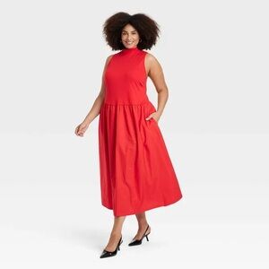 A New Day Red Sleeveless Mock Neck Midi Dress 3X Pockets